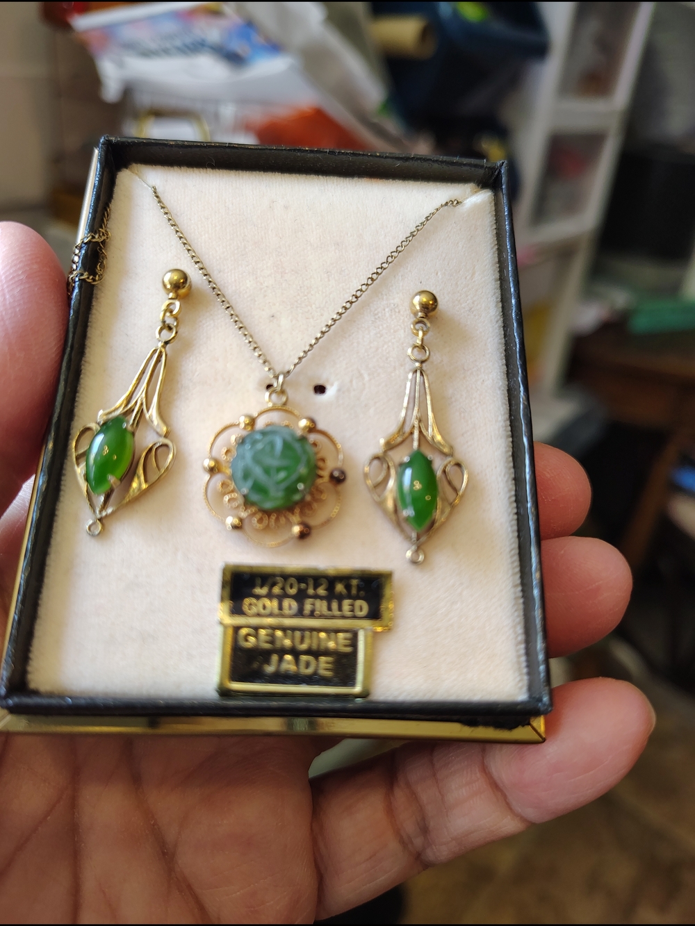 Gold-Filled Genuine Jade Necklace & Earrings Set - Green